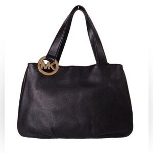 Michael Kors Fulton EastWest Black Soft Pebbled Leather Lg Gold MK Medallion Bag